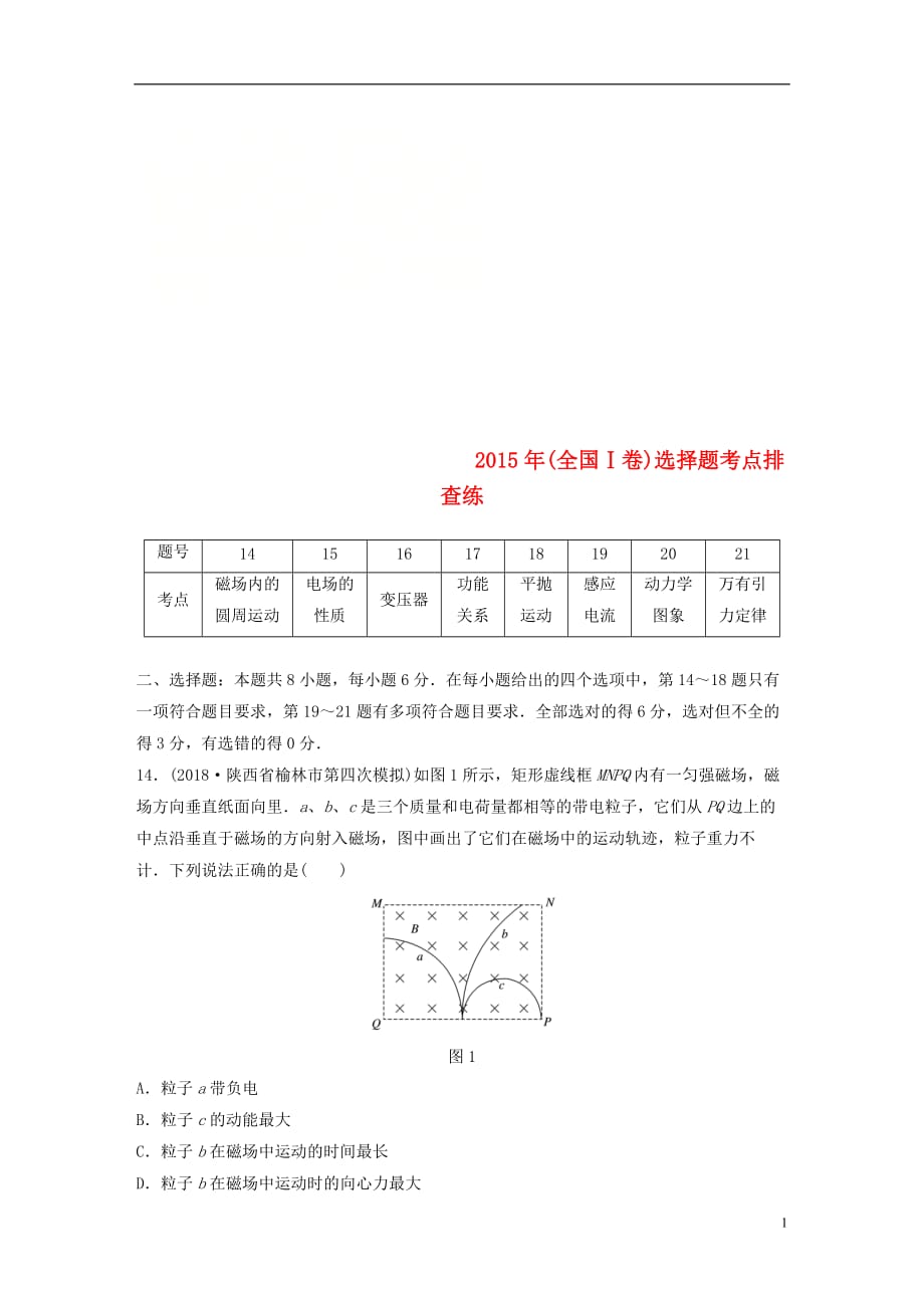 高考物理总复习优编增分练：选择题考点排查练32015年（全国Ⅰ卷）选择题考点排查练_第1页