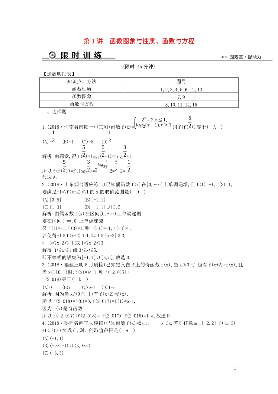 高考数学二轮复习第一篇专题二函数与导数第1讲函数图象与性质、函数与方程限时训练文_第1页