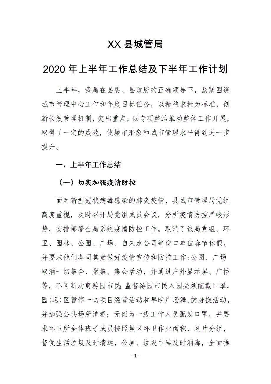 XX县城管局2020年上半年工作总结及下半年工作计划_第1页