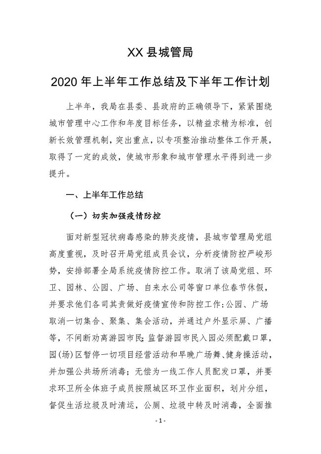 XX县城管局2020年上半年工作总结及下半年工作计划