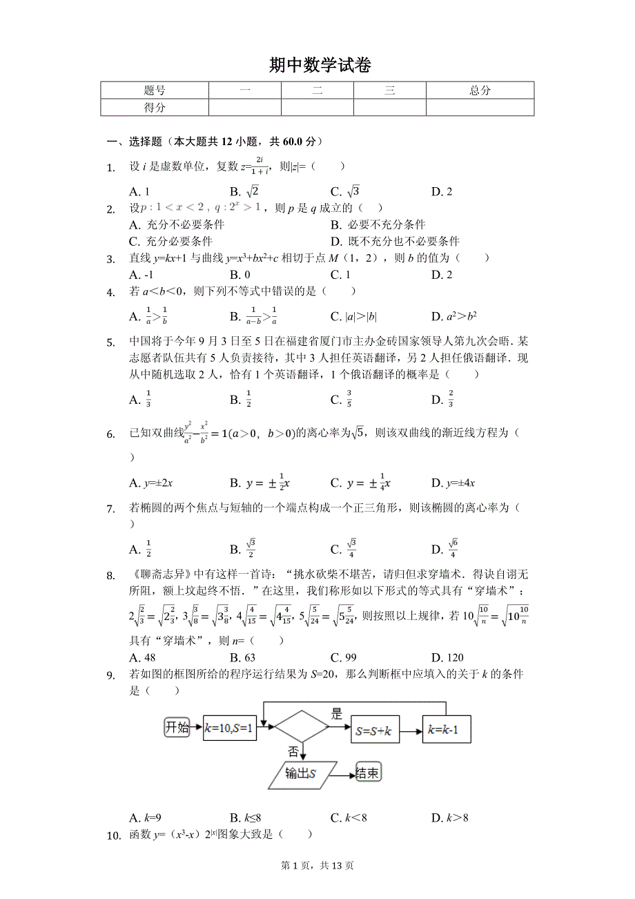 2020年福建省漳州市五校高二（下）期中数学试卷解析版（文科）_第1页