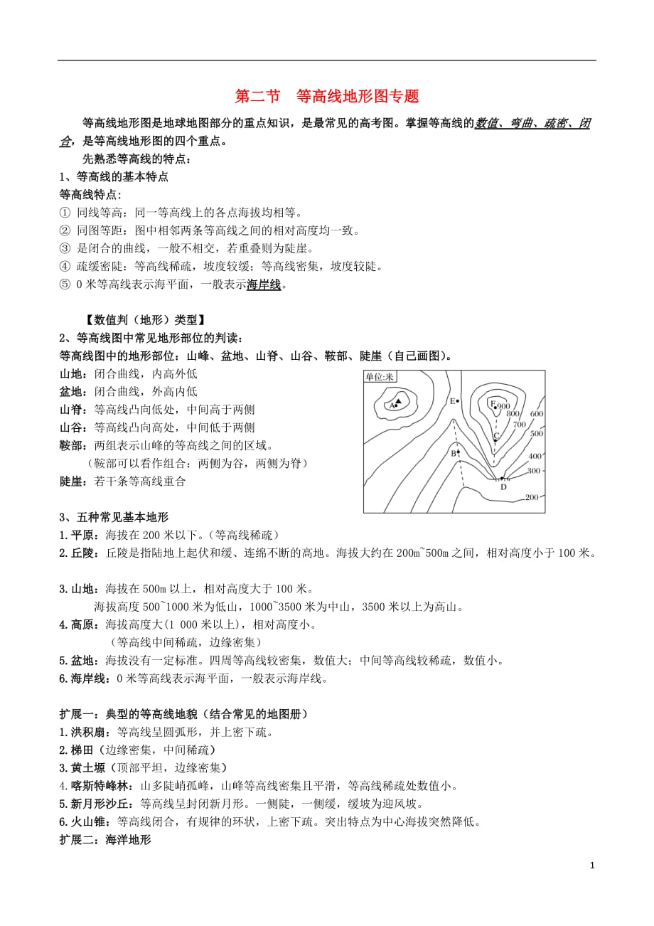 高考地理总复习自然地理第一章第二节等高线学案新人教版必修1_第1页