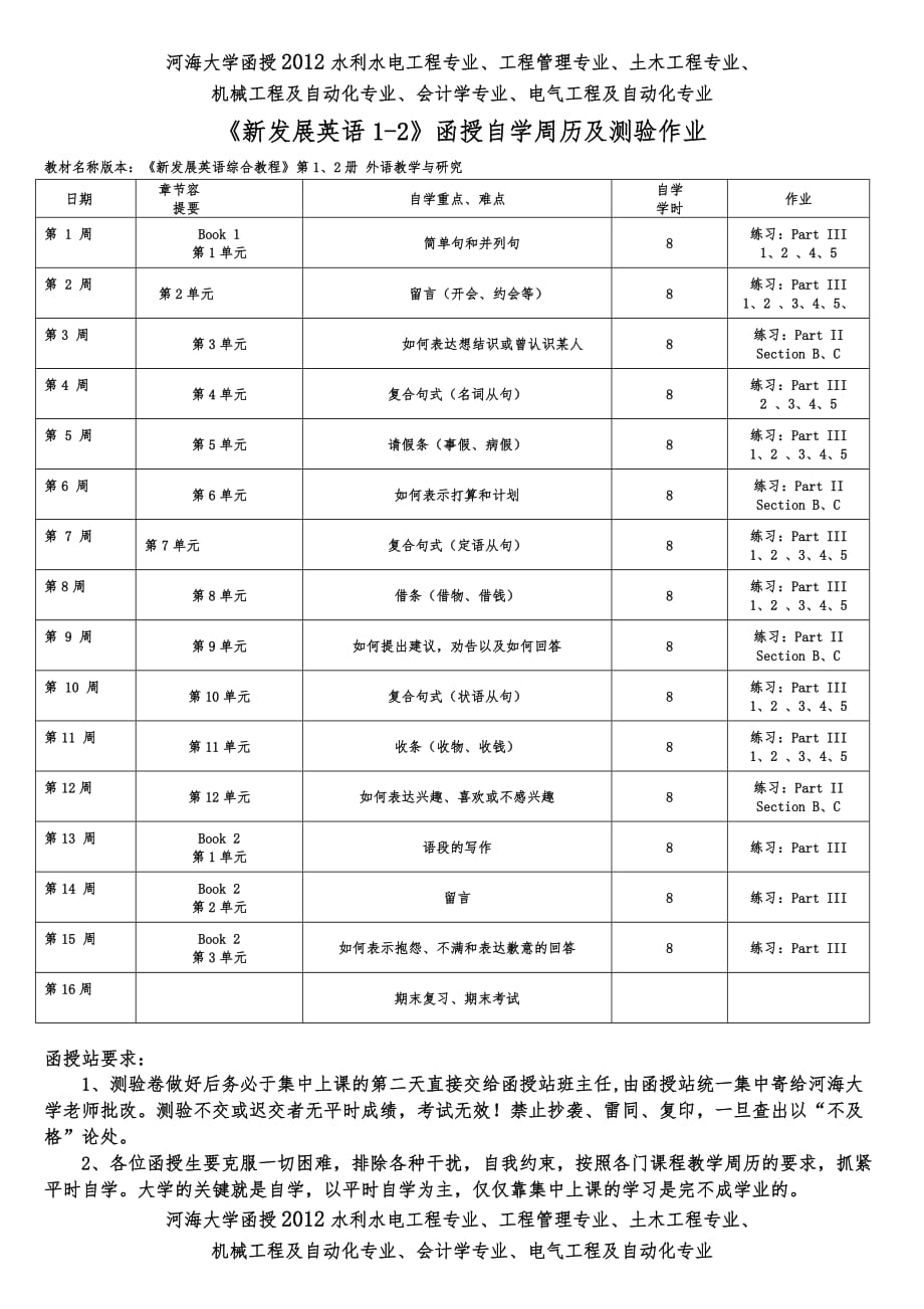 某级各专业新发展英语1_2周历、测验_第1页