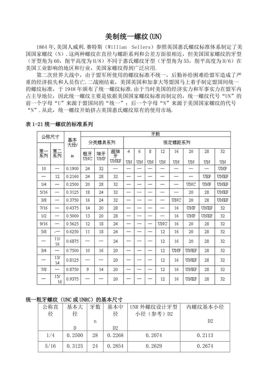 美制统一螺纹(UN)的标准系列及基本尺寸_第1页