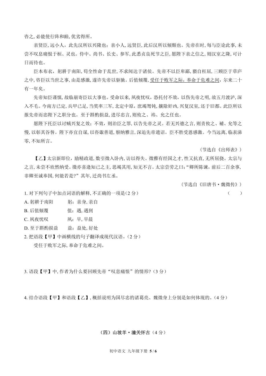 （人教版部编版）初中语文九下第六单元测试_第5页