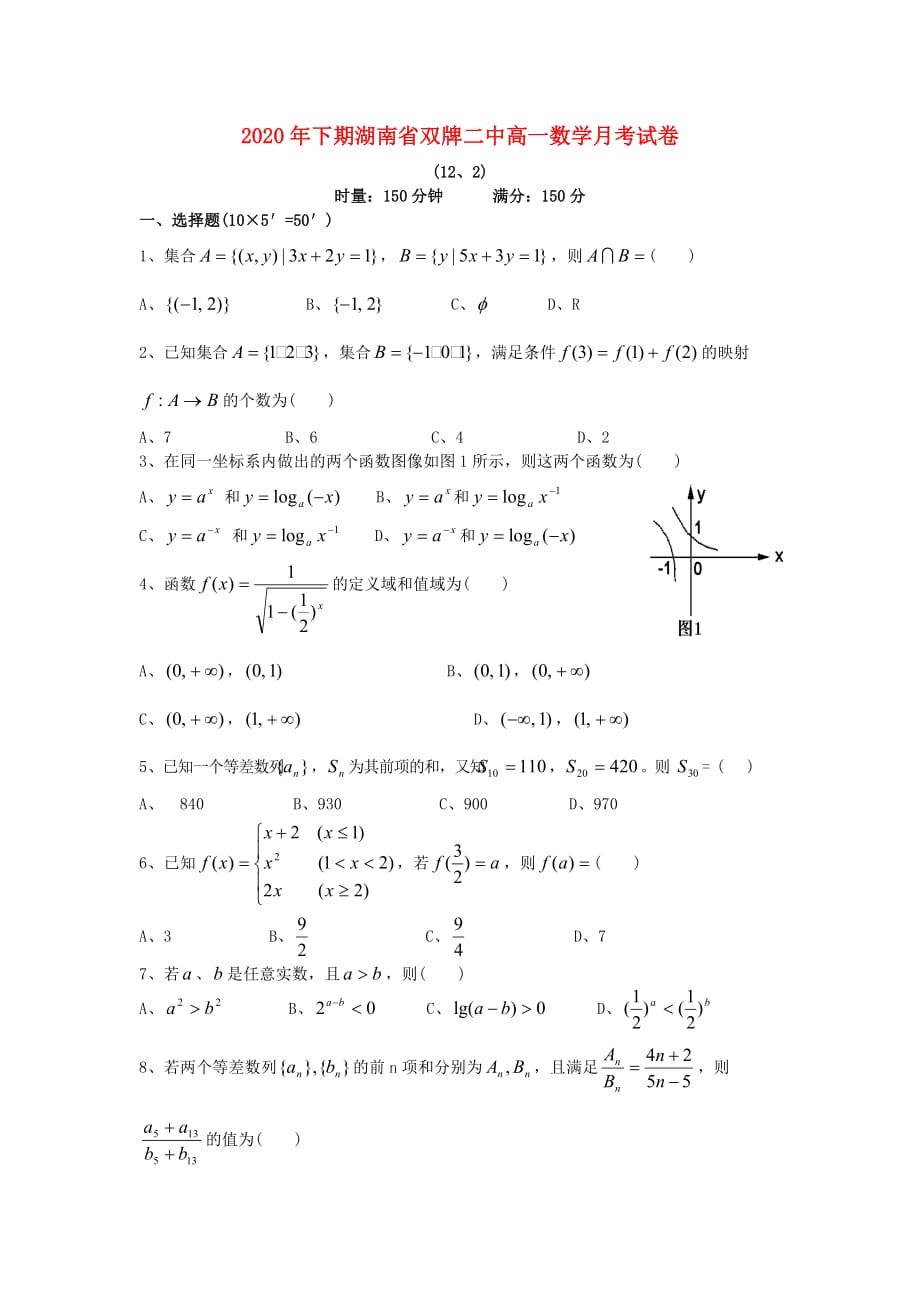 2020年下期湖南省双牌二中高一数学月考试卷 人教版_第1页