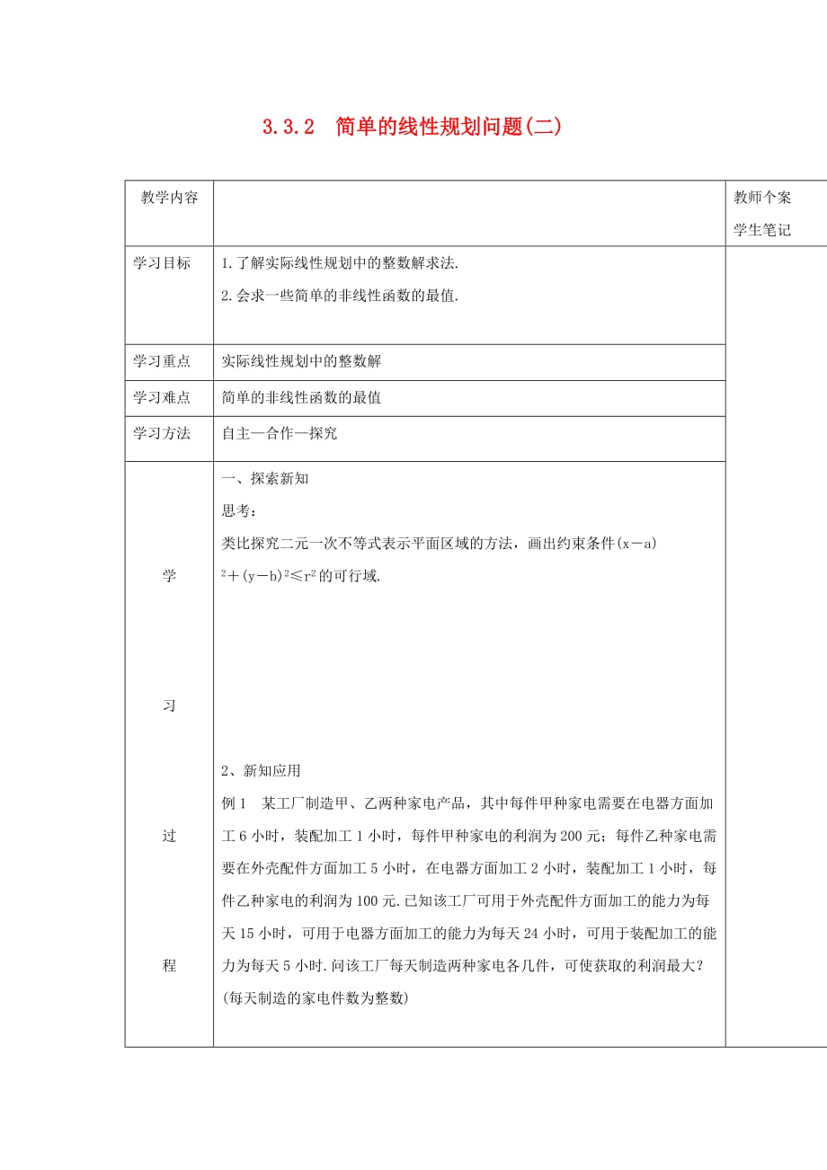 吉林省伊通满族自治县高中数学第三章不等式3.3.2简单的线性规划问题二学案无答案新人教A版必修5_第1页