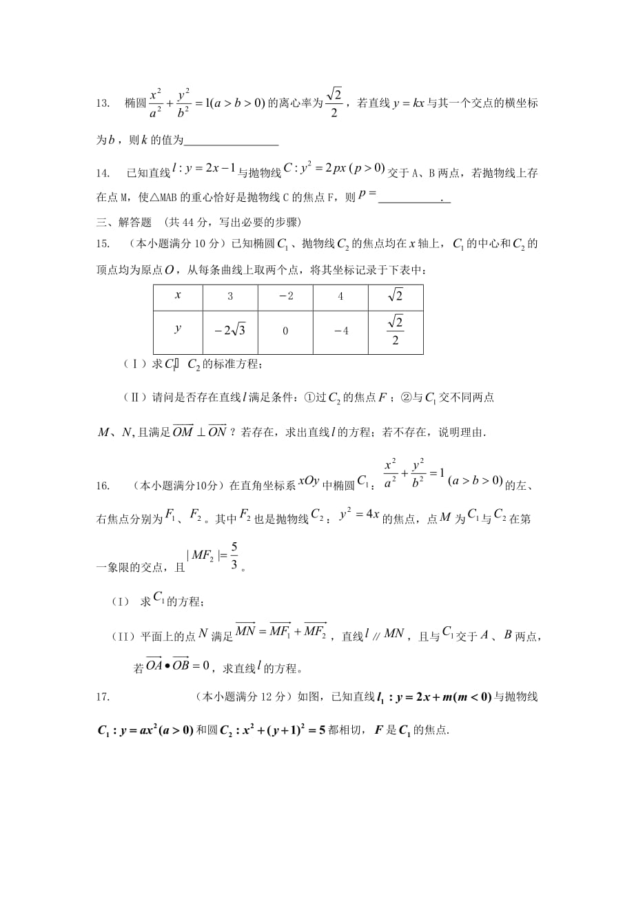 内蒙古自治区2020届高三数学单元测试23 直线和圆锥曲线 理 新人教A版_第3页