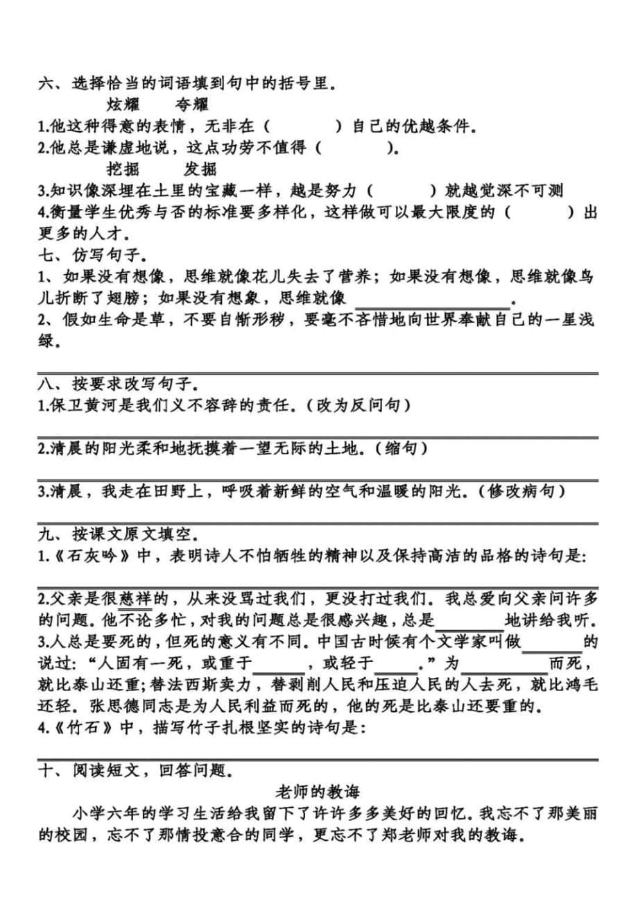 部编版六年级语文下册第3-4单元基础知识复习卷_第5页