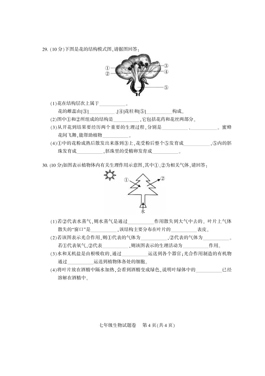 凉山州2017-2018 七年级上期生物试题_第4页