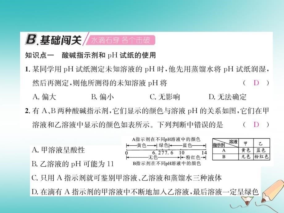 （遵义专版）九年级化学下册第7章应用广泛的酸、碱、盐基础实验7溶液的酸碱性习题课件沪教版_第5页