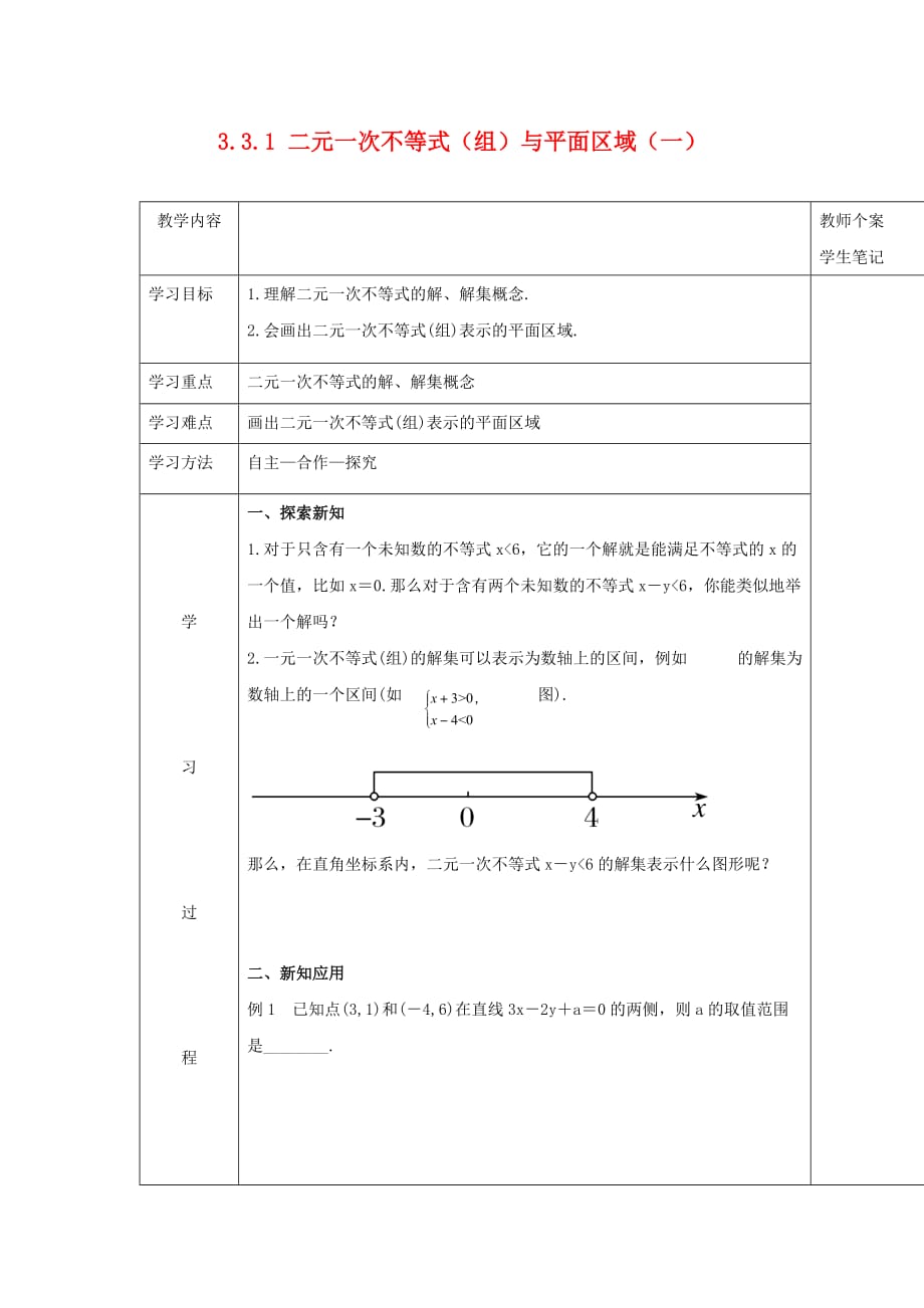 吉林省伊通满族自治县高中数学第三章不等式3.3.1二元一次不等式组与平面区域一学案无答案新人教A版必修5_第1页