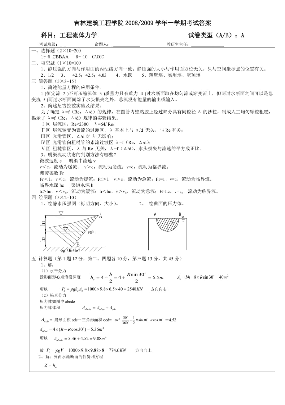 流体力学A试卷答案_第1页