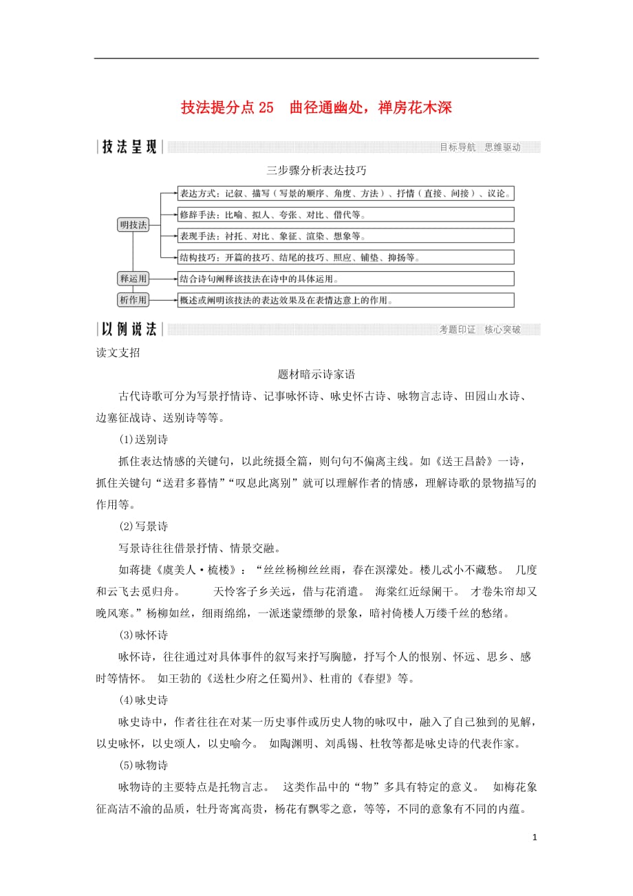 （浙江专用）高考语文二轮培优第三部分古代诗文阅读专题五古代诗歌鉴赏技法提分点25曲径通幽处禅房花木深_第1页