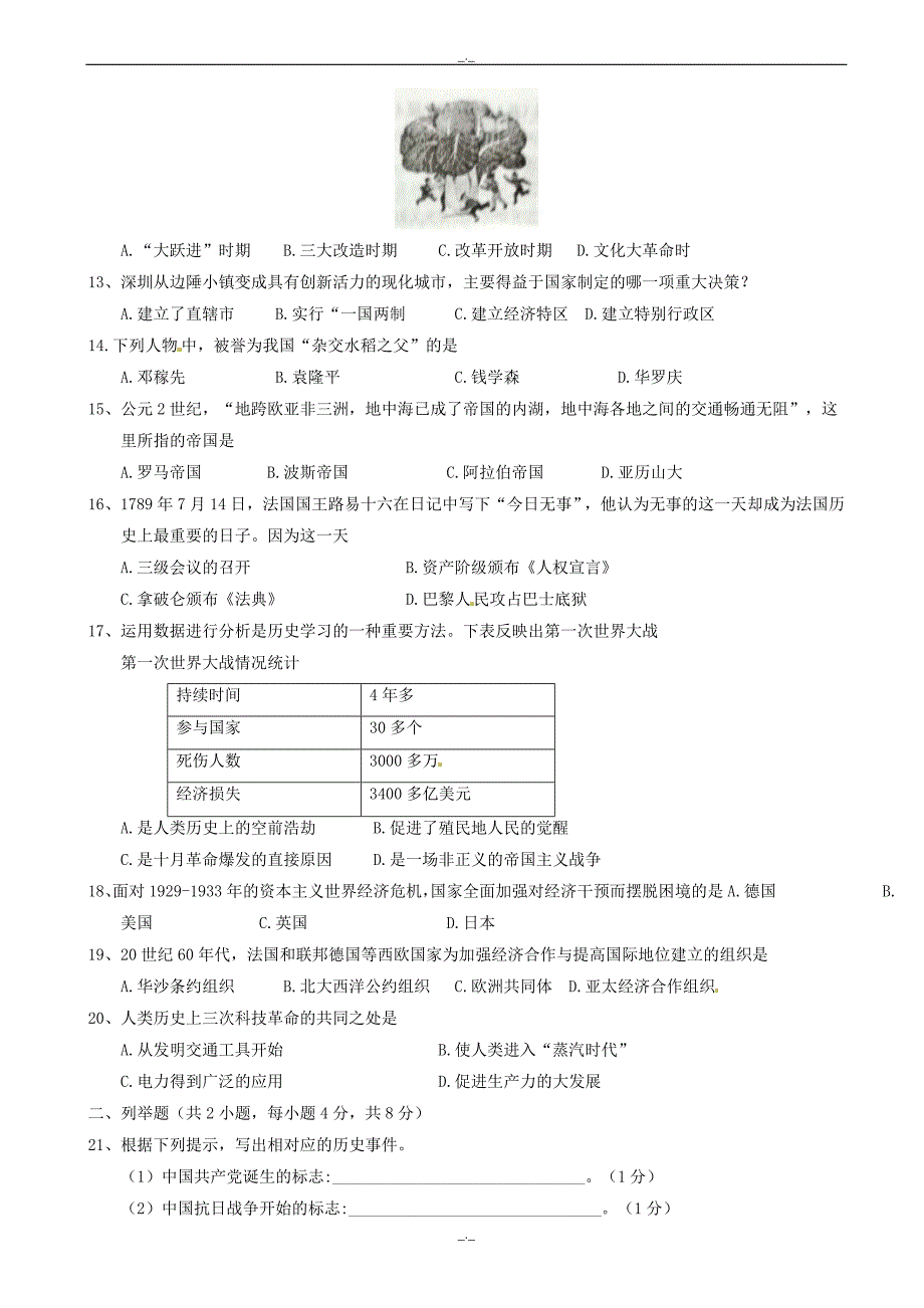 2020届贵州省(黔东南、黔南、黔西南)中考历史模拟试题(有答案)_第2页