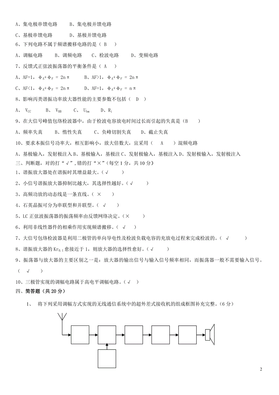 《高频电子线路》模拟考试试卷1及参考答案_第2页