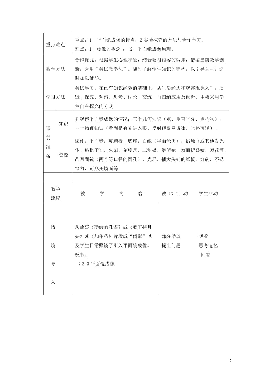 八年级物理上册第三章第三节《平面镜成像》教学设计(新版)鲁教版_第2页