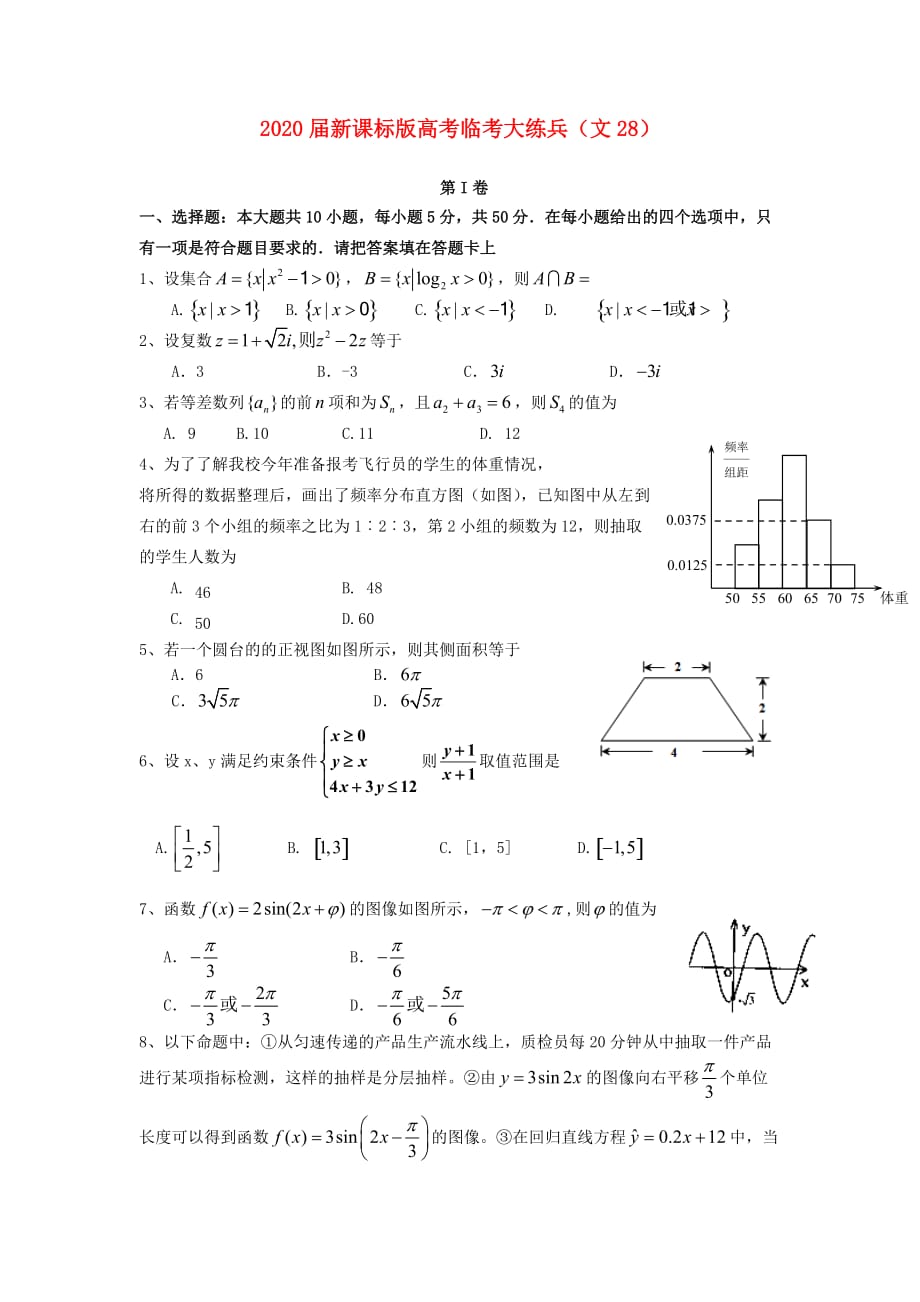 2020届高考数学临考练兵测试题28 文_第1页