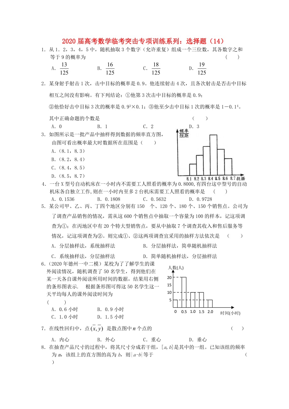 2020年高考数学临考突击专项训练系列 选择 14_第1页