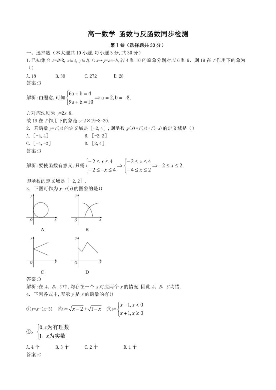 高一数学 函数与反函数同步检测_第1页