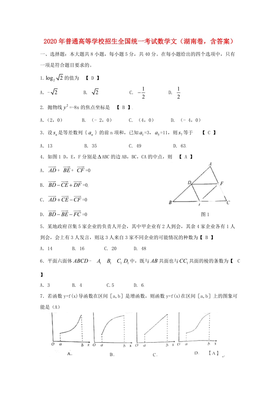 2020年普通高等学校招生全国统一考试数学文（湖南卷含答案）_第1页