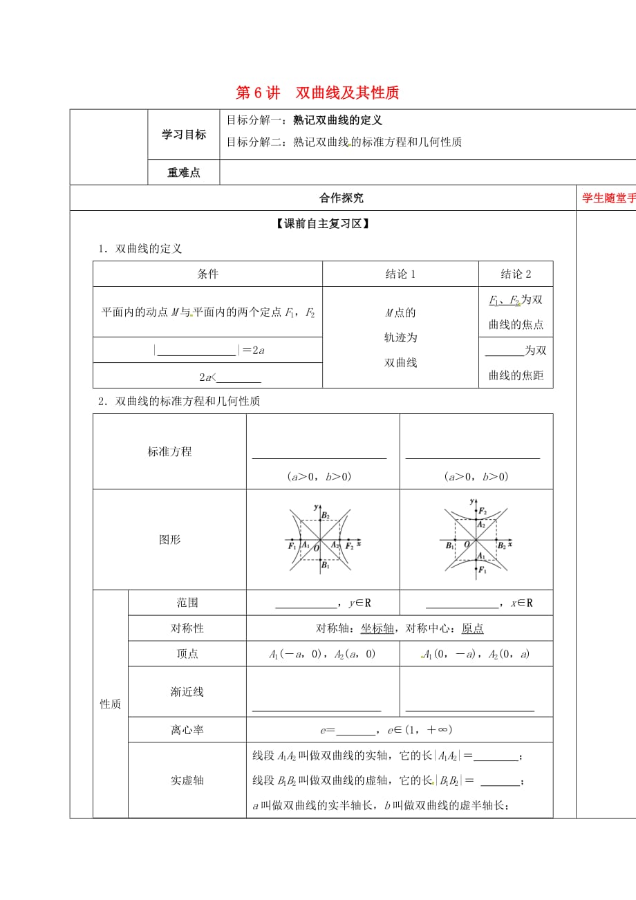 山东省胶州市2020届高考数学一轮复习 第八章 第6讲 双曲线及其性质课前学案（无答案）文_第1页