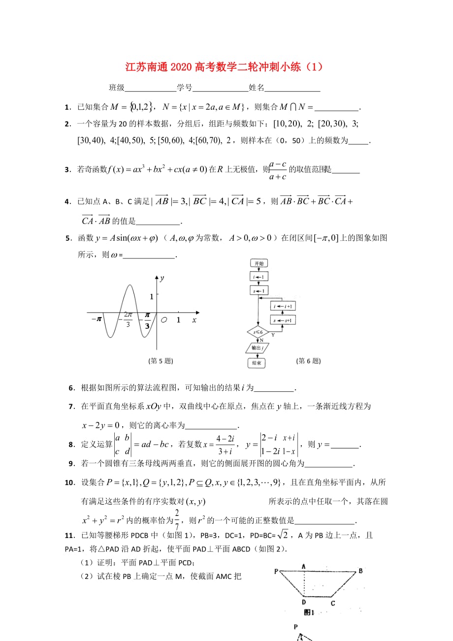 江苏省南通市2020高考数学二轮冲刺小练（1）_第1页