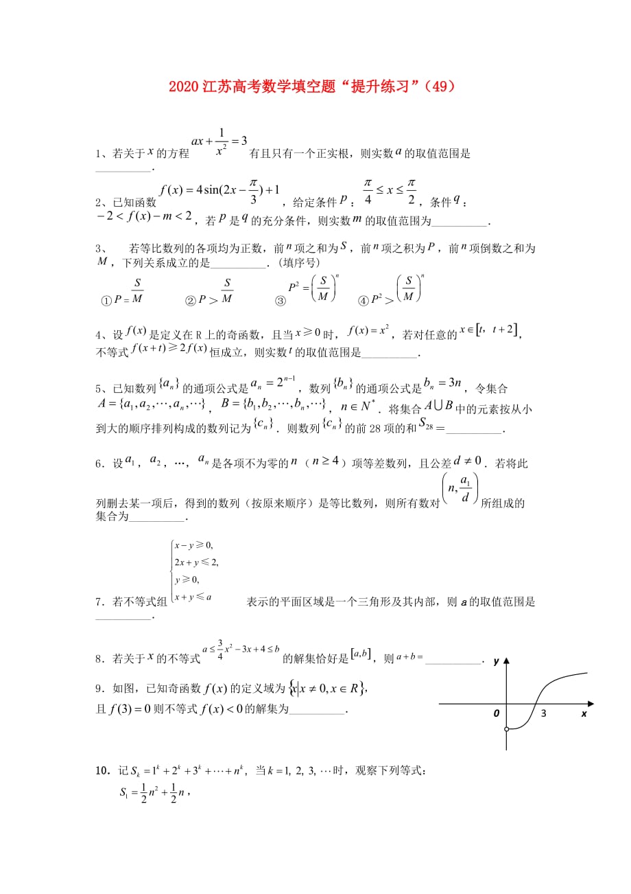 江苏省2020高考数学 填空题“提升练习”（49）_第1页