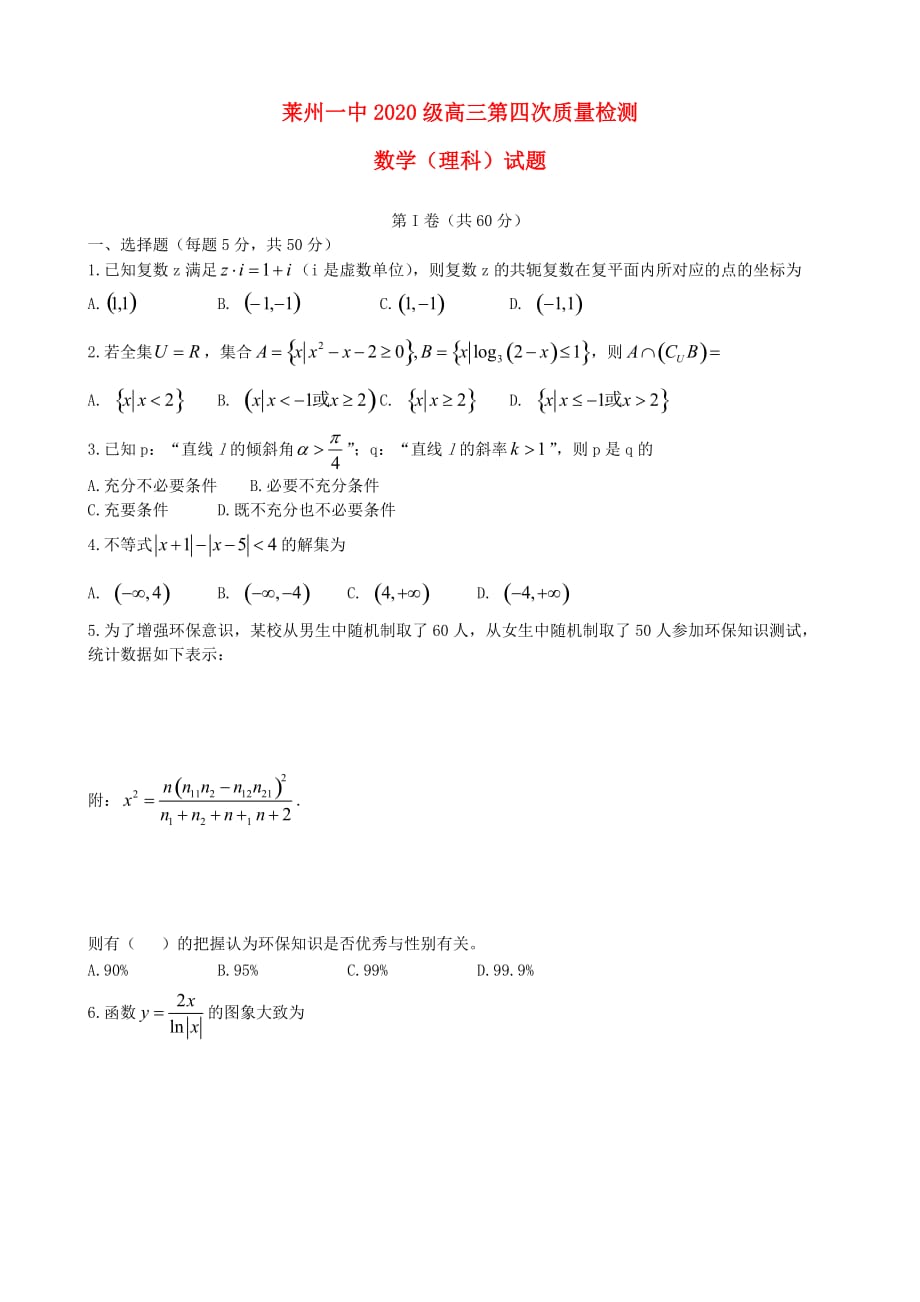 山东省2020届高三数学第四次质量检测试题 理（无答案）_第1页