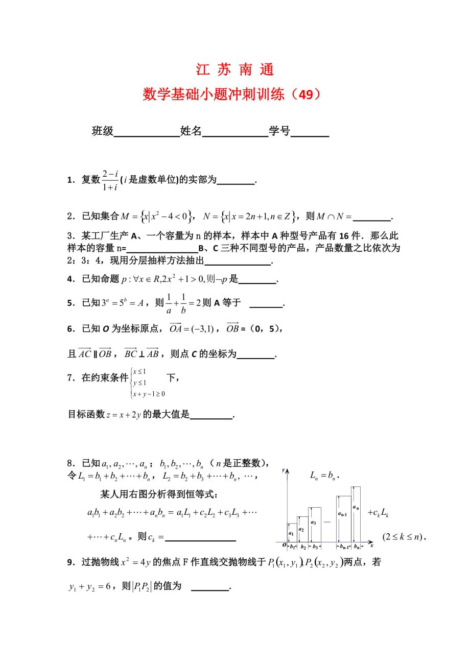 江苏省南通2020届高三数学基础小题冲刺训练(49）_第1页
