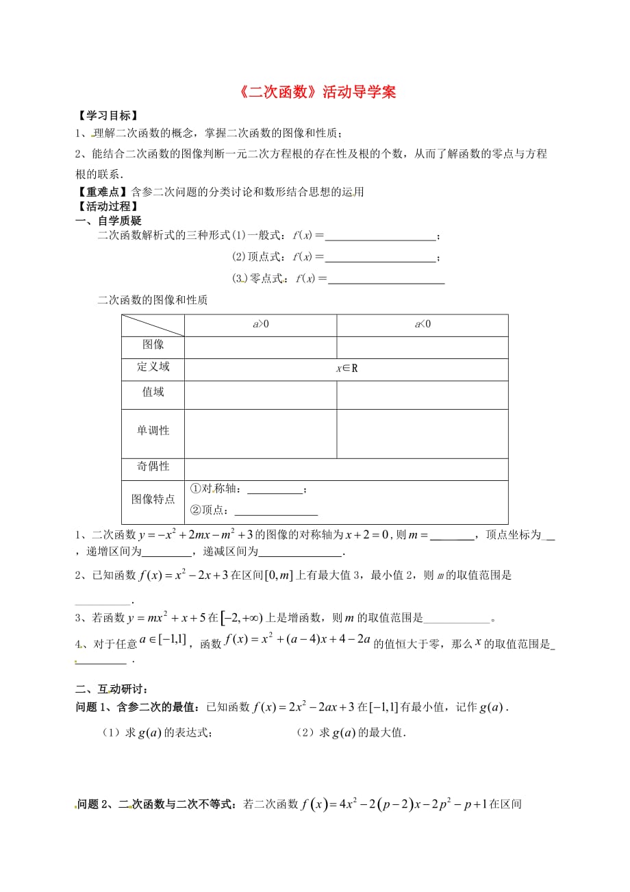 江苏2020届高考数学一轮复习 二次函数导学案（无答案）_第1页