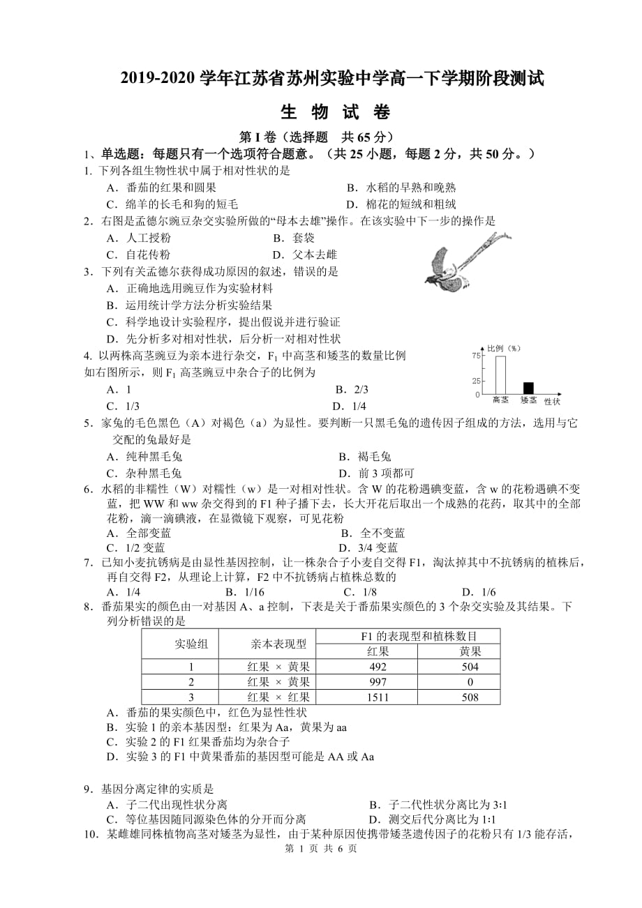 2020届江苏高一生物下学期阶段测试试题_第1页