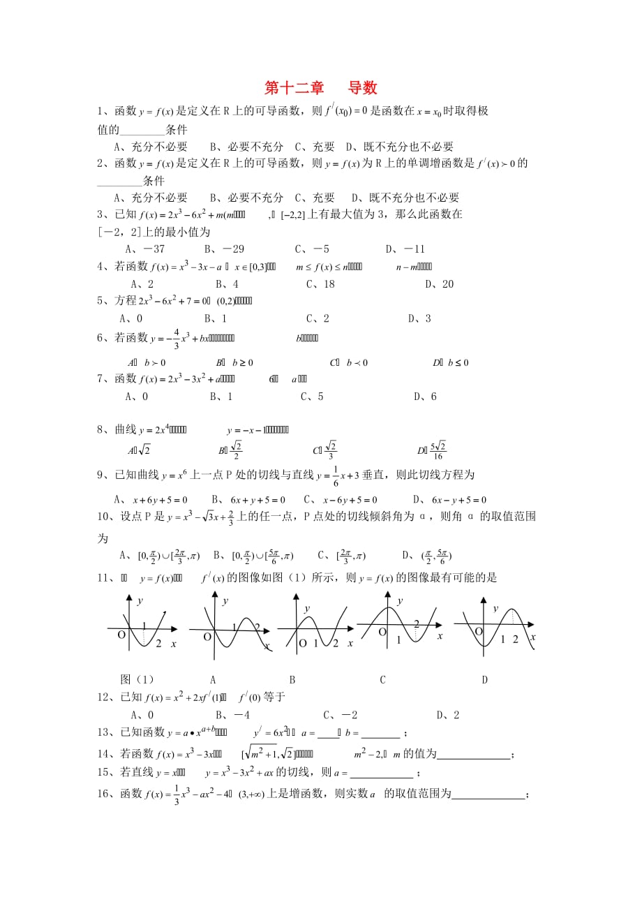 辽宁省抚顺县高三数学复习 第十二章 导数（无答案）新人教A版_第1页