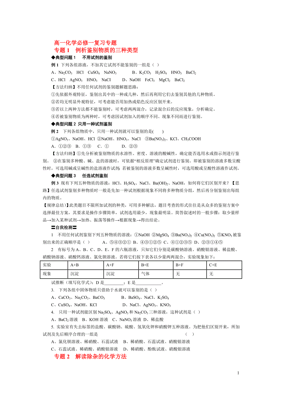 高一化学必修一复习专题_第1页