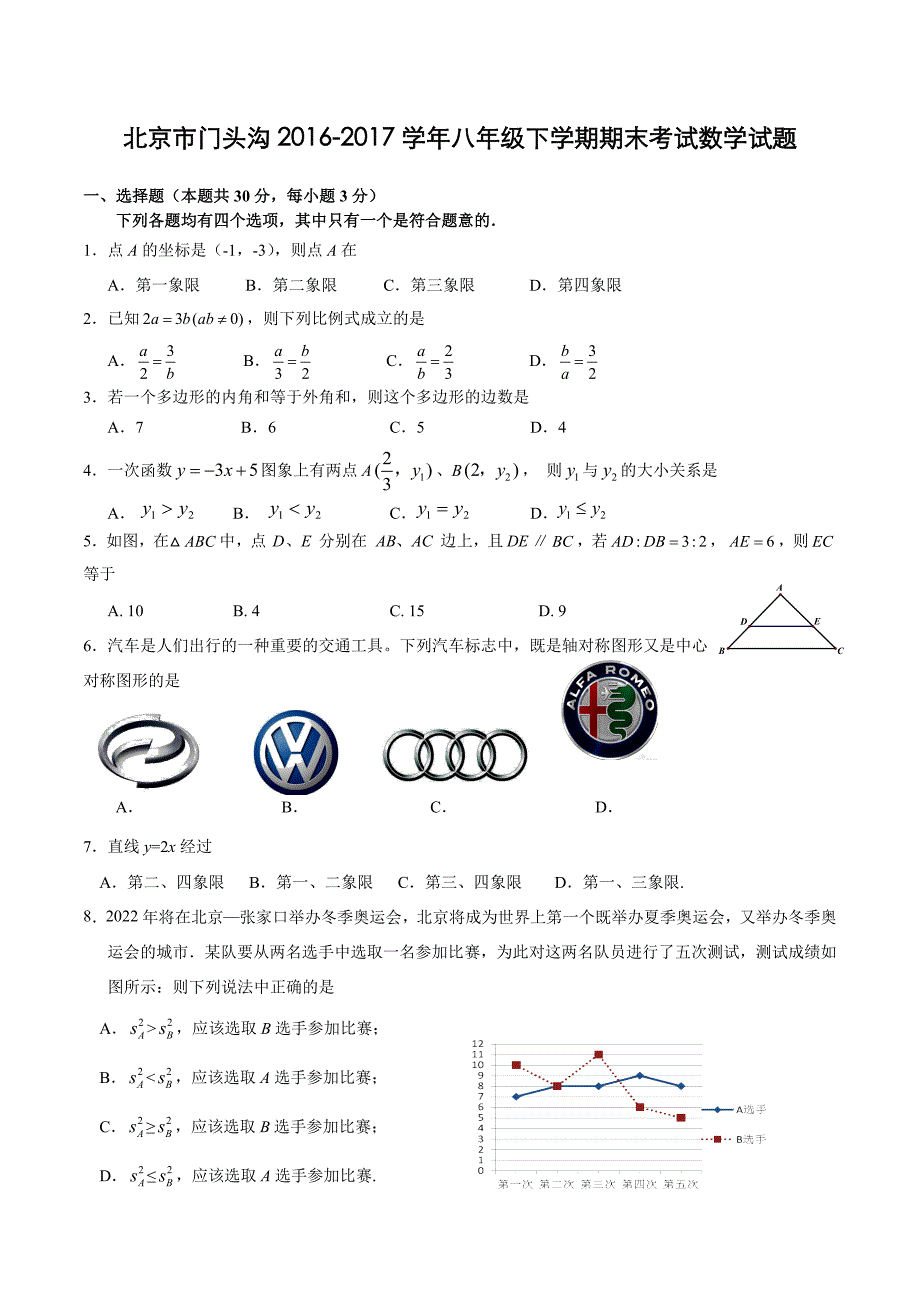 北京市门头沟2016-2017学年八年级(下)期末数学试卷(含答案).doc_第1页