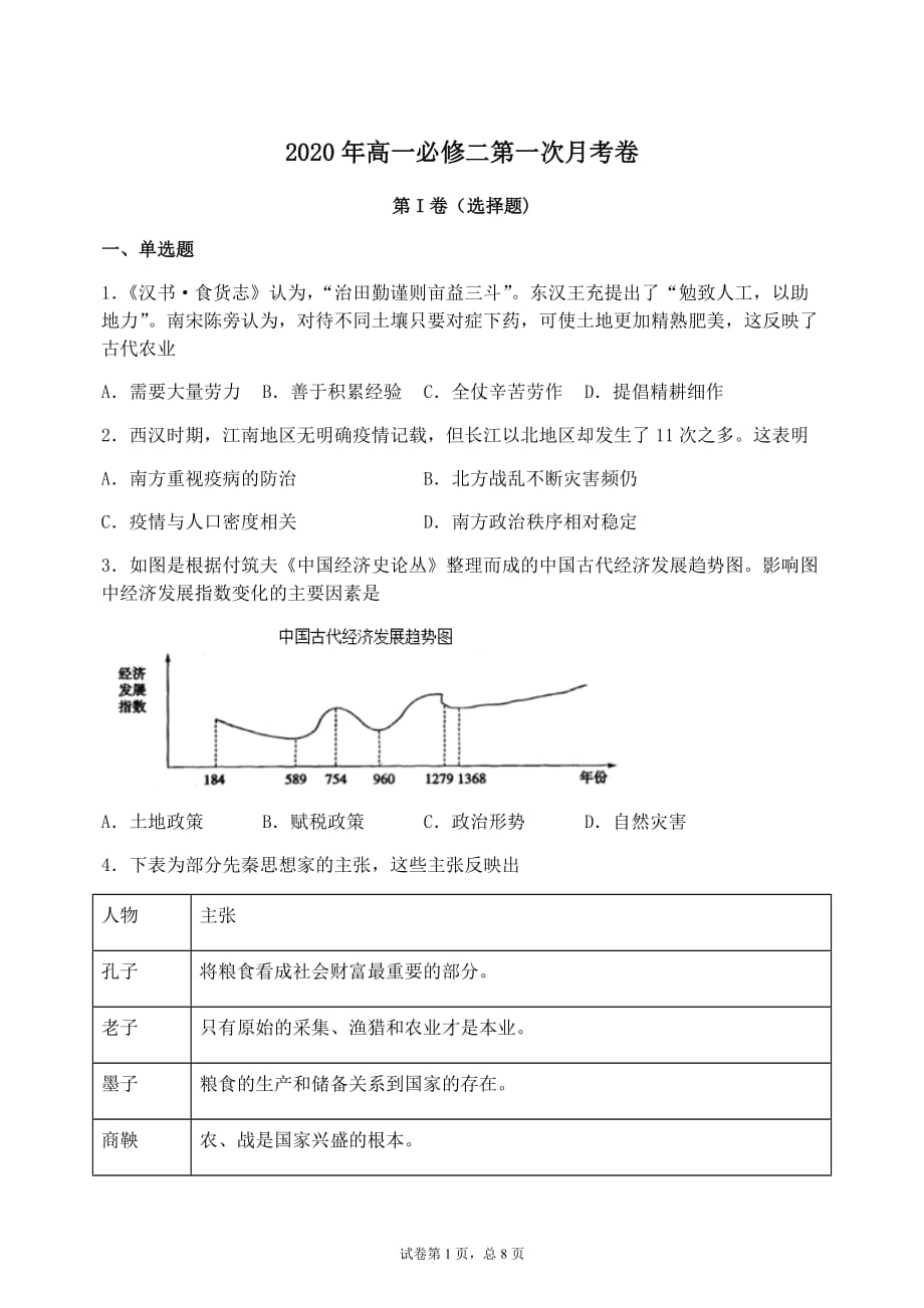 2020届山西省博海中学高一历史下学期线上月考题_第1页