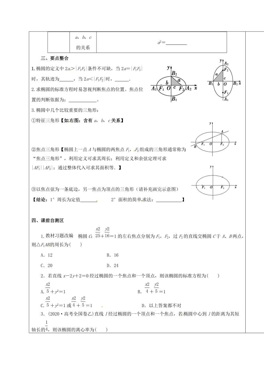 山东省胶州市2020届高考数学一轮复习 第八章 第5讲 椭圆1学案（无答案）文_第2页