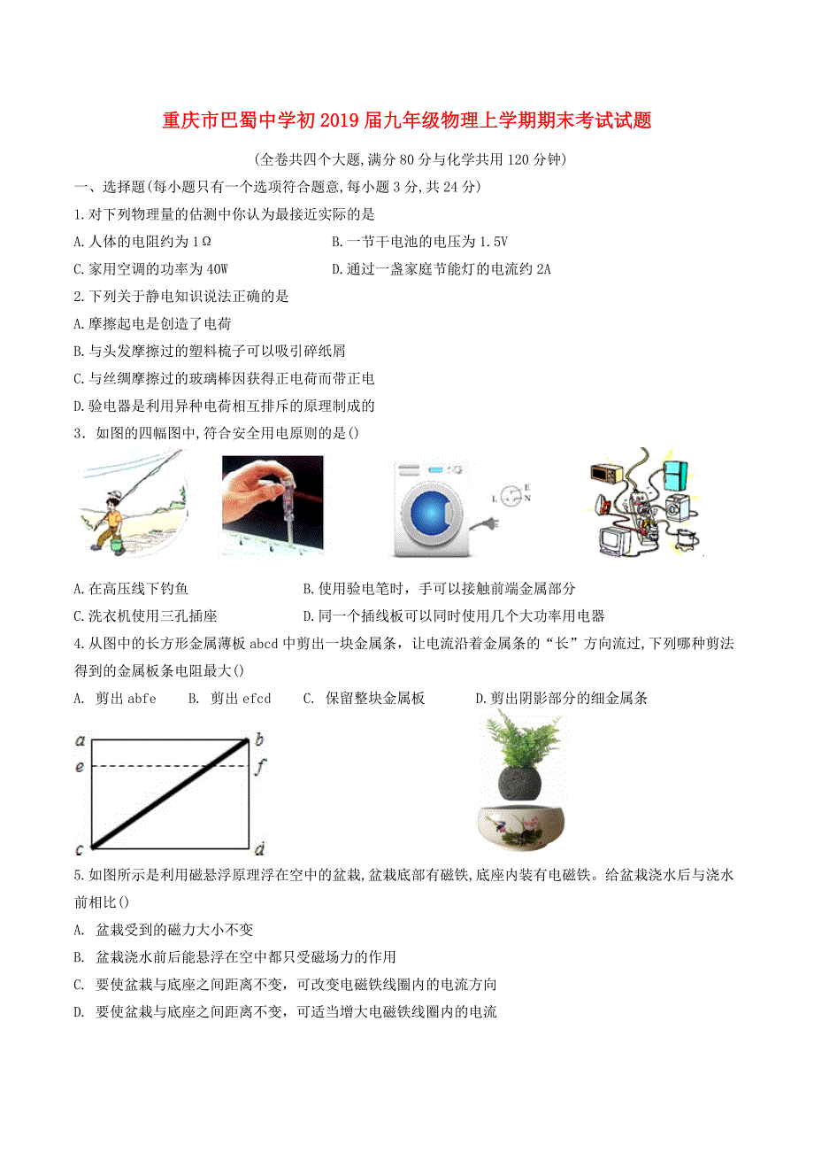 重庆初九级物理期末考试 1.docx_第1页