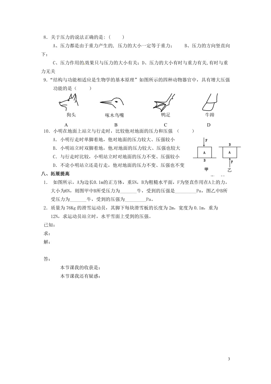 新疆克拉玛依第十中学九级物理全册 第1节 压强导学案 .doc_第3页