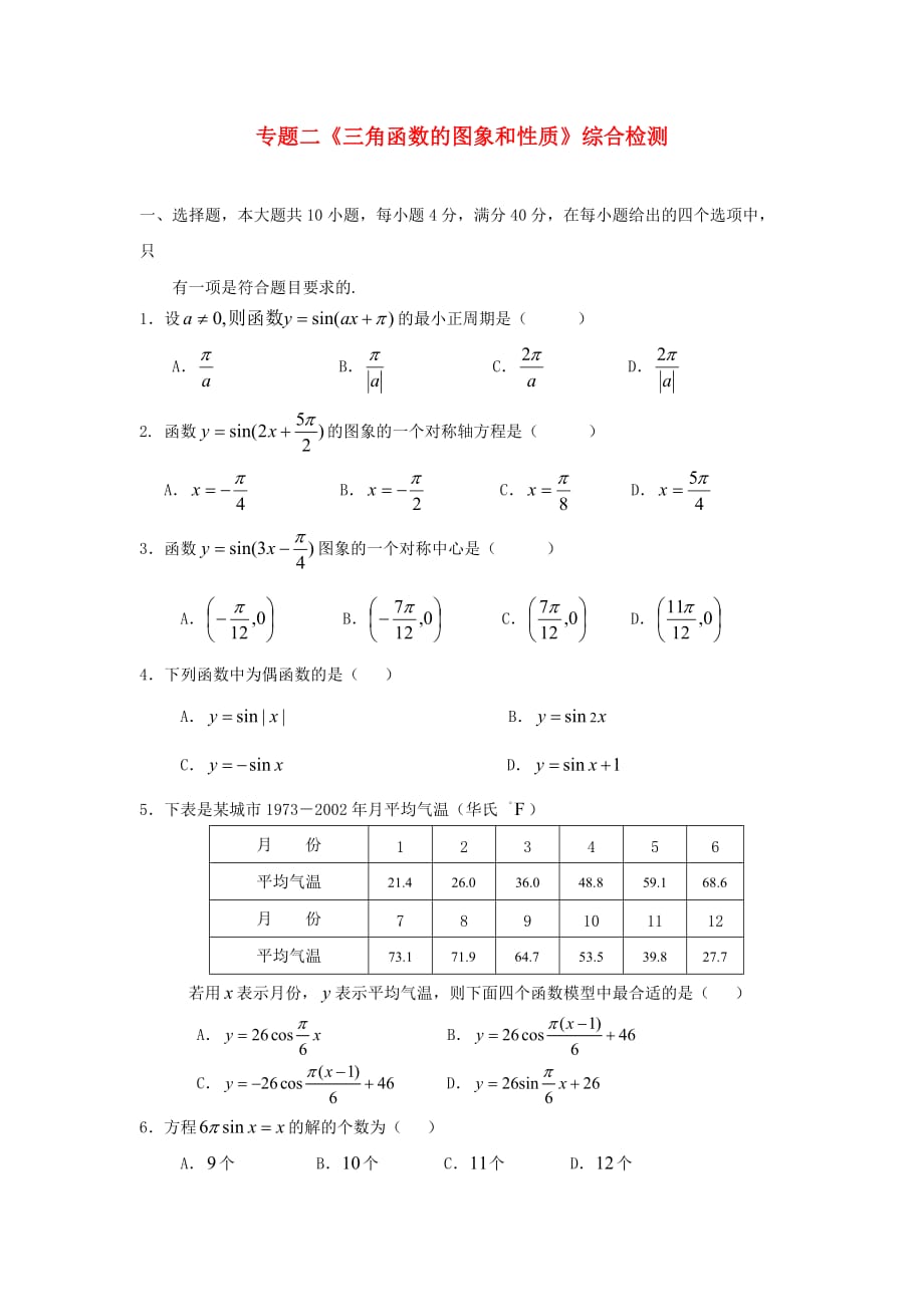 高中数学《三角函数的图象和性质》同步练习2 新人教A版必修4_第1页