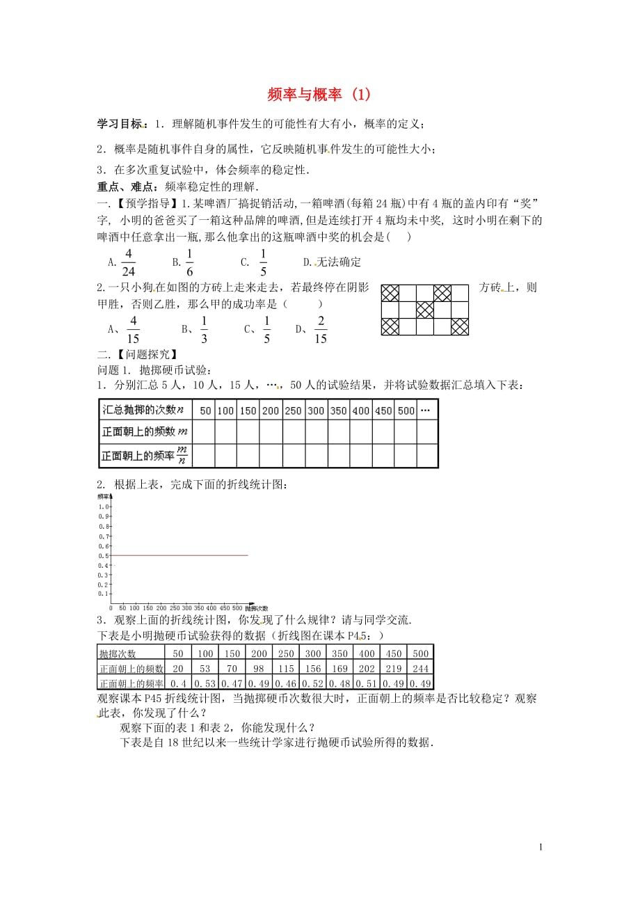 江苏高邮车逻初级中学八级数学下册8.3频率与概率导学案1新苏科.doc_第1页