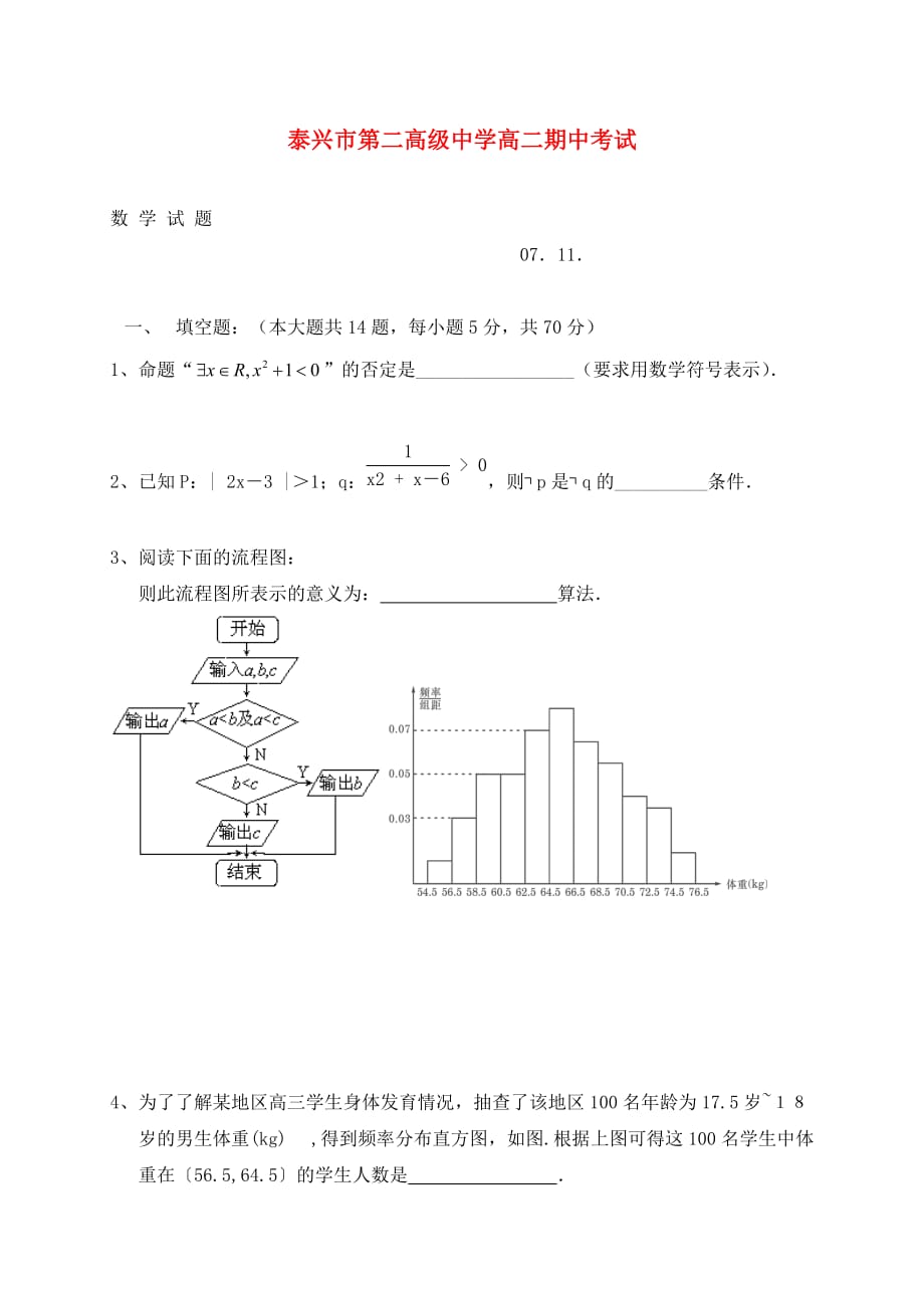 2020年度上期江苏省泰兴市第二高级中学高二数学期中考试试题_第1页