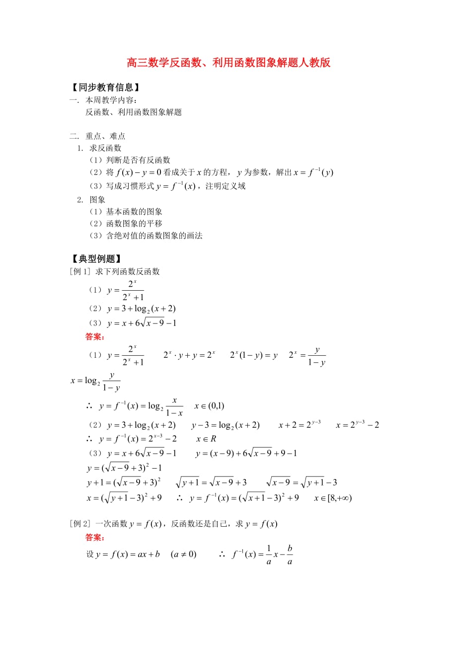 高三数学反函数、利用函数图象解题人教版知识精讲_第1页