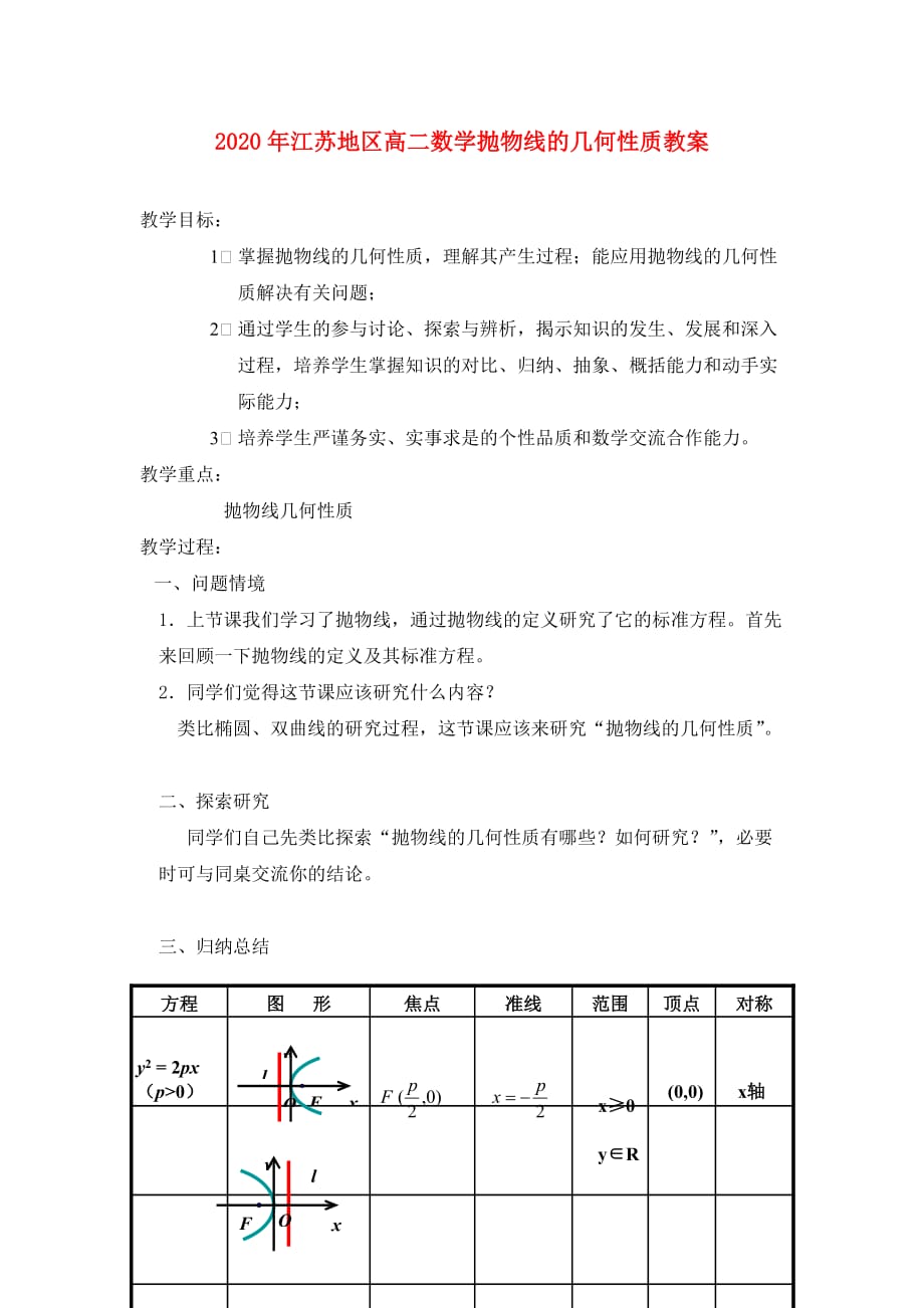 2020年江苏地区高二数学抛物线的几何性质教案 苏教版_第1页