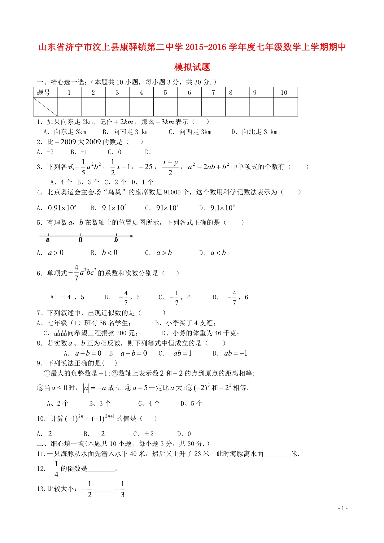 山东济宁汶上康驿第二中学七级数学期中模拟 1.doc_第1页