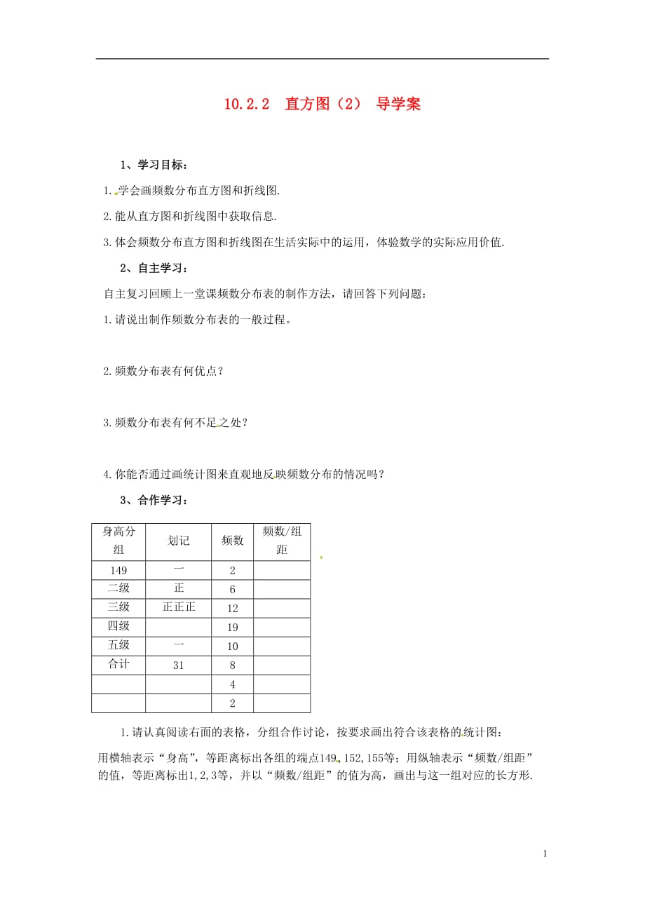 重庆开德阳初级中学七级数学下册 10.2.2 直方图导学案2 新.doc_第1页