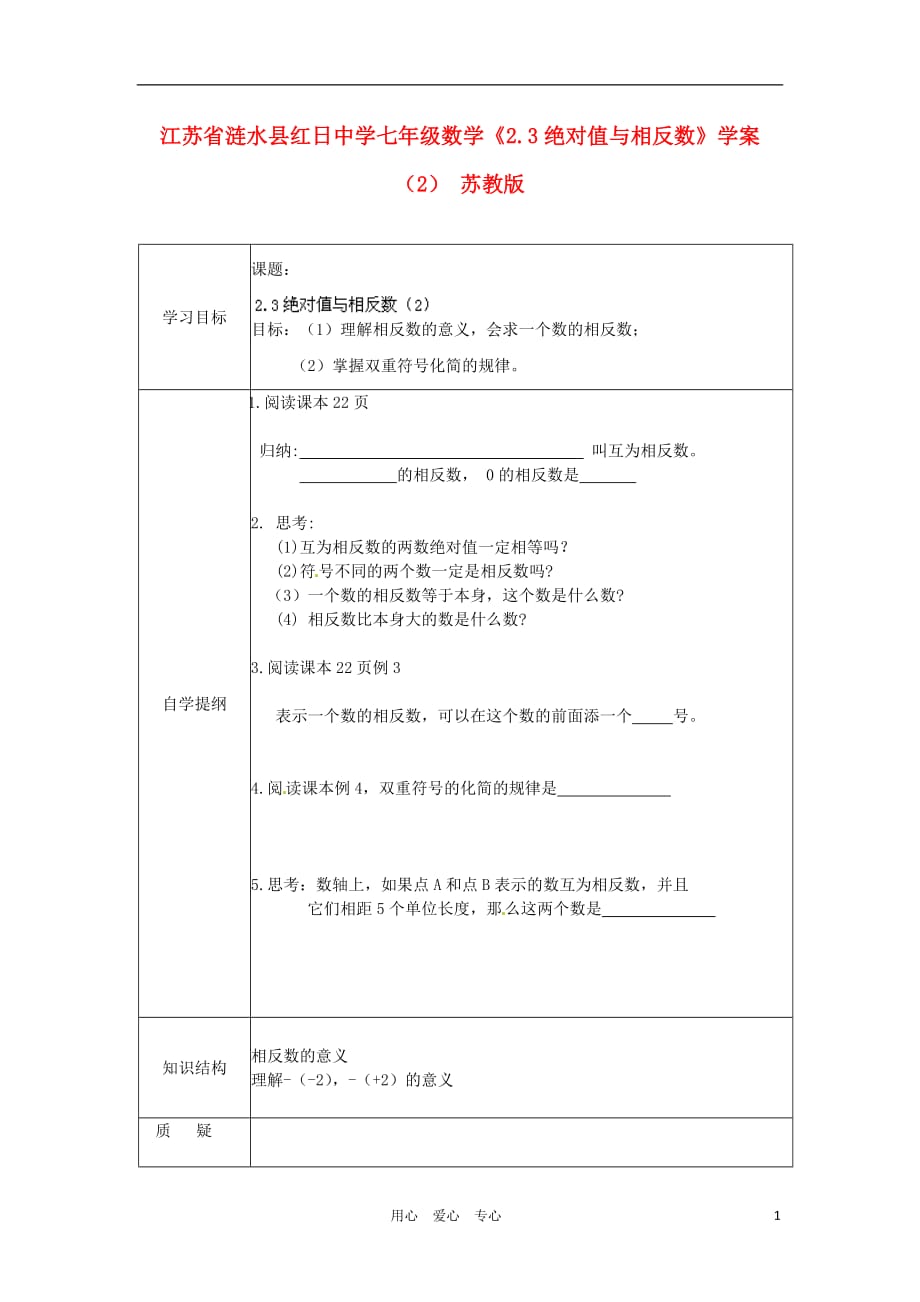 江苏涟水红日中学七级数学2.3绝对值与相反数学案2 苏教.doc_第1页