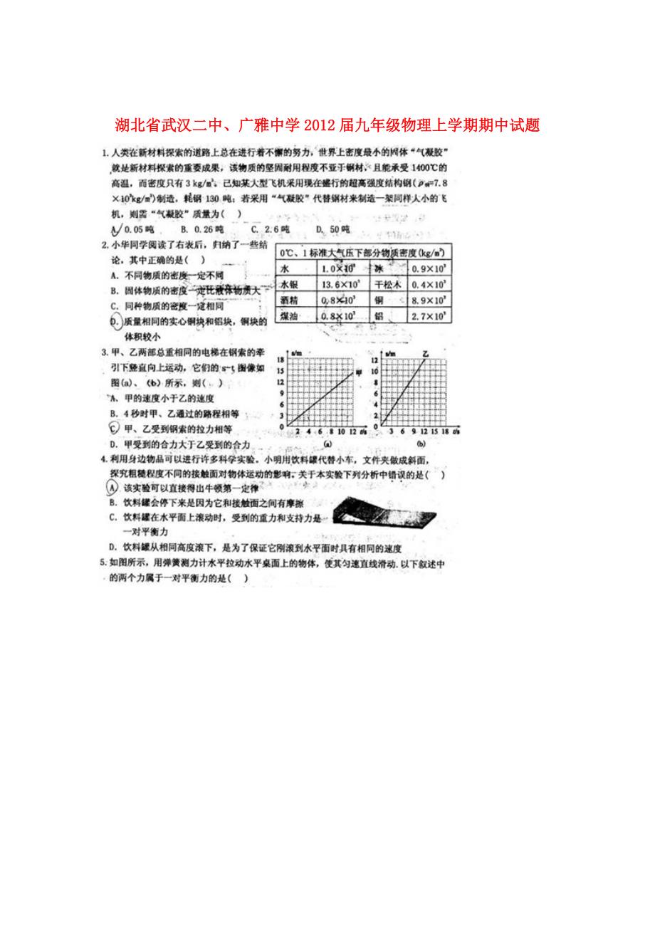 湖北武汉二中、九级物理期中 .doc_第1页