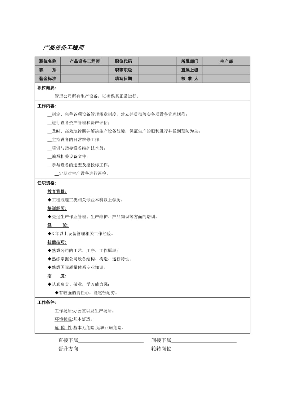 《精编》产品设备工程师岗位说明书_第1页