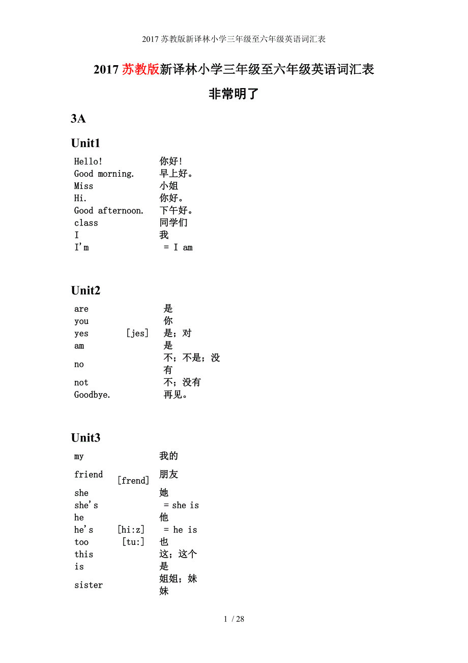 苏教版新译林小学三级至六级英语词汇表_第1页